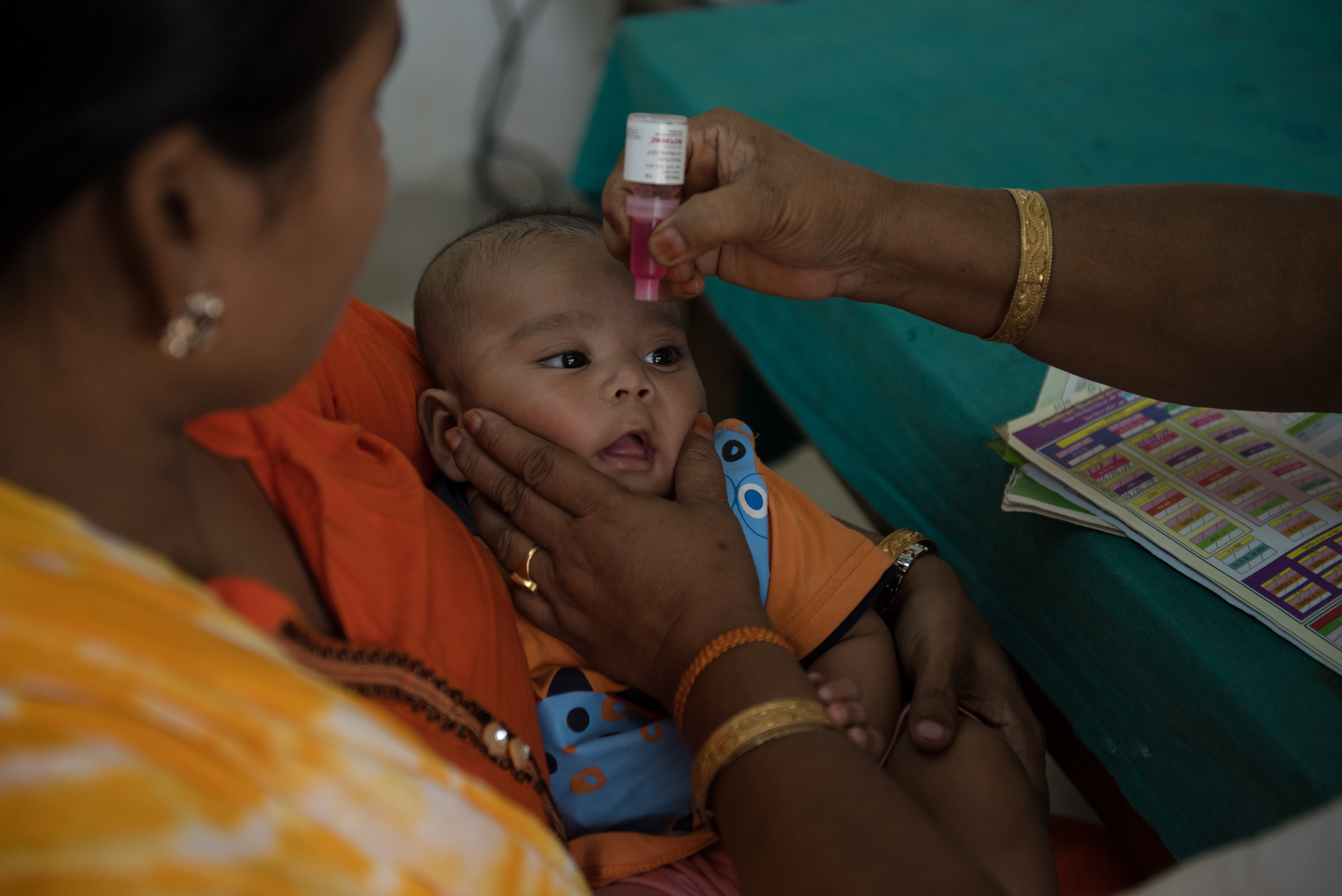 A baby in India receives ROTAVAC rotavirus vaccine.